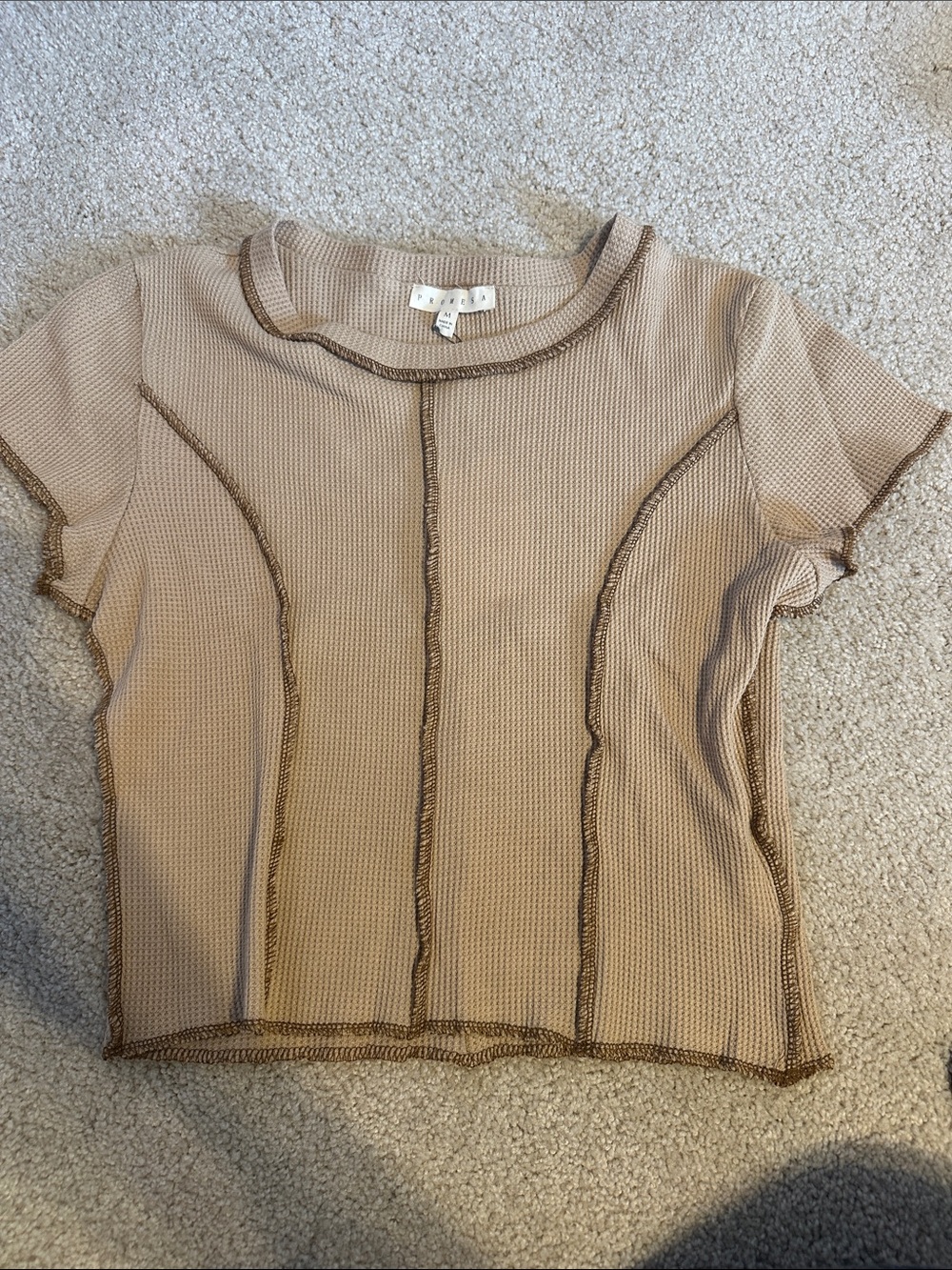 Promesa Beige Short Sleeve Waffle Knit Top with Brown Trim